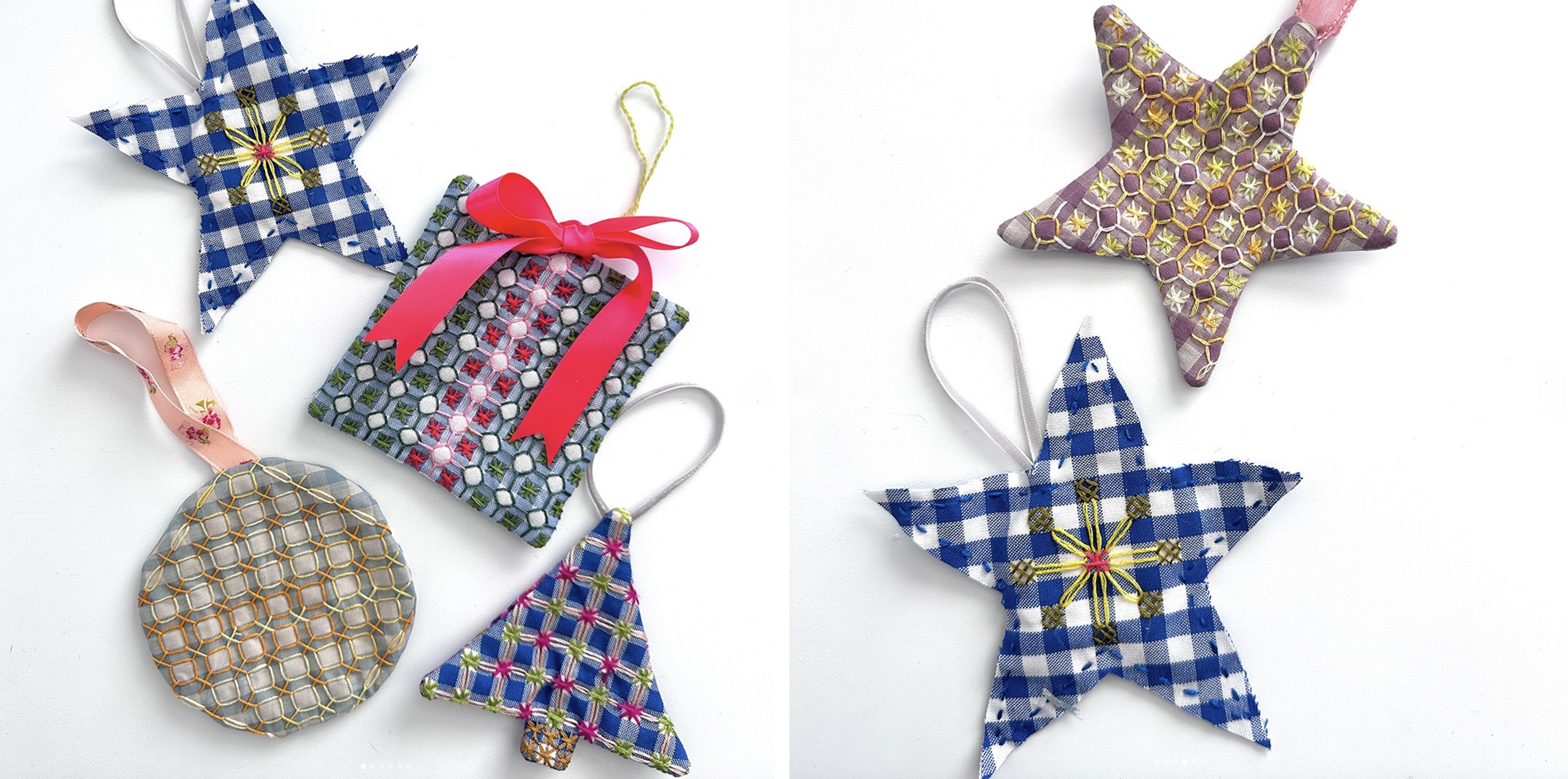 2 images of hand embroidered chicken scratch fabric holiday ornaments in shapes like stars, trees, and gift boxes